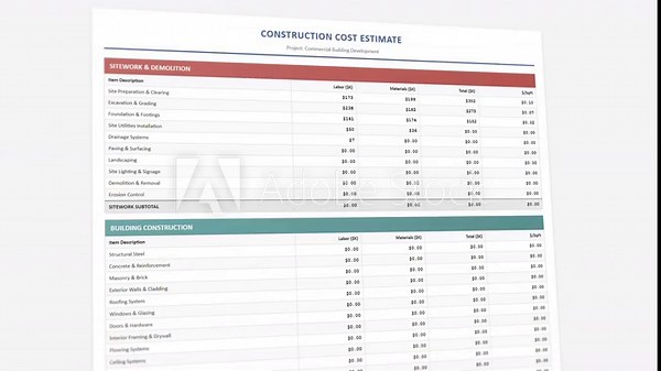 Detailed animated construction cost estimate template: interactive budget breakdown with comprehensive material tracking display