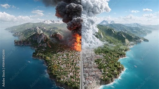 Apocalyptic Vision: A split view of a coastal region depicting contrasting realities. One side showcases a thriving city while the other unveils a cataclysmic devastation.