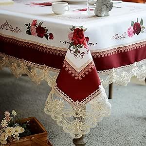 SUTAVIA Lace Embroidered Table Cloth,Rectangular Farmhouse TableCover,Classic Oblong Antique Flower Decor Macrame Tablecloth (Burgundy, Rectangle/Oblong,60 x 120 Inch,10-12 Seats)