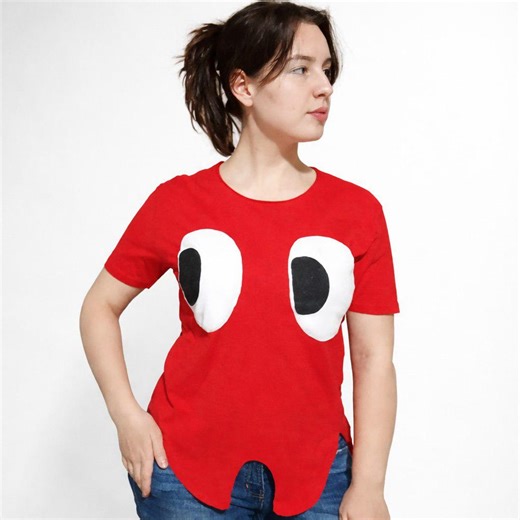Handmade “blinky” Ghost T-shirt – Red Pacman Character Tee With 3D Eyes, Size M - Etsy