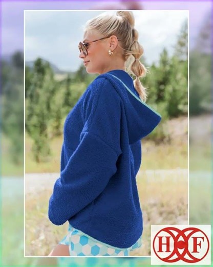 Sky Blue Sherpa Half Zip Contrast Trim Pullover Hoodie