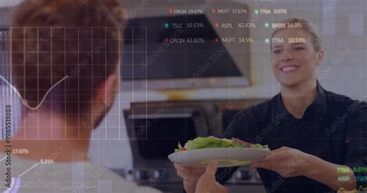 Female chef serving salad kitchen, HUD overlay scrolling graphs over chef plate as patron stepping