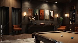 Elegant minimalist decor in a billiards lounge, creating a refined and upscale ambiance in a luxurious setting.