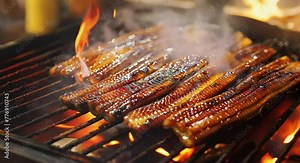 Unagi is being grilled over a fire, Japanese eel meat barbecue, traditional Japanese food