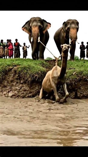 Good Helper Elephants Work Together To Pull Up The Distressed Camel