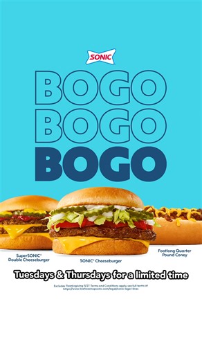 Buy one, get one free SONIC Cheeseburgers and Footlong Coneys on Tuesdays and Thursdays now for a limited time only. Excludes Thanksgiving 11/27. Terms and Conditions apply, see full terms at https://www.livefreeshopsonic.com/legal/sonic-legal-lines | Sonic Drive-In