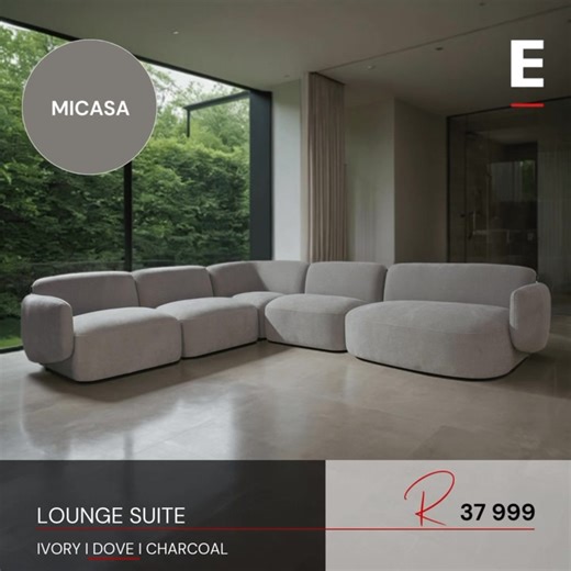 The perfect place to unwind after a long day. The Micasa Lounge Suite knows how to keep it cosy 🩶 Micasa Corner Fabric Lounge Suite R 37,999 Shop online www.essopshome.co.za #EssopsHome #Furniture #HomeDecor #InteriorDesign #Lounge | Essops Home