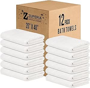 ZUPERIA White Bath Towels Bulk 12 Pack (20 x 40 Inches) - 100% Cotton Economy Light Weight Towels for Commercial Use - Quick Dry, Ultra-Soft, and Absorbent Bulk Towels