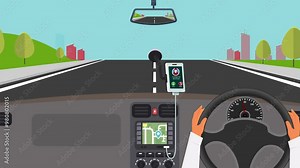 2D animation of Moving road landscape from car dashboard. moving car on a highway road, view from inside the car. Driver talking on Bluetooth from while driving. 4K video