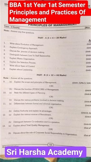PRINCIPLES AND PRACTICES OF MANAGEMENT BBA 1st Sem Model Imp.Question Paper #sriharshaacademy