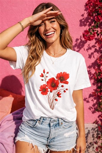 Red Poppy Flower T-shirt, Floral Graphic Tee, Aesthetic Botanical Shirt, Cottagecore Outfit, Summer Outfit Women, Gift for Her - Etsy