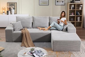 Deep Seat Corduroy Sectional Sofa with Right Chaise, No-Assembly Compressed Modular Couch, Soft Cushions & Modern Design for Living Room & Apartments – Gray