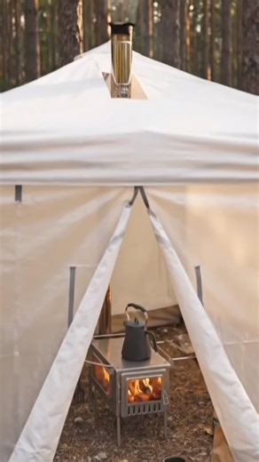Pop-up canopy tent with wood stove 🏕️ #campingstove #xstovexl #wildwildweststove
