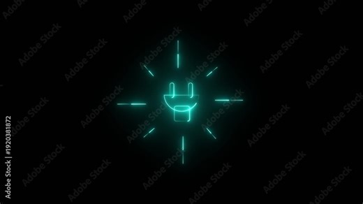Glowing cyan neon electric plug icon with radiating light lines against a black background.
