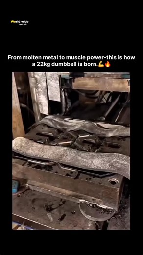 𝙒𝙊𝙍𝙇𝘿 𝙒𝙄𝘿𝙀 on Instagram: "The video depicts an industrial casting process for manufacturing a 22kg cast iron dumbbell. It shows a worker in protective gloves handling a mold, with molten metal visible in the background, as liquid iron is poured into a sand or permanent mold cavity to form the dumbbell shape, followed by cooling and initial finishing steps. Specific upload date and engagement statistics (views, likes, comments) are not available from public sources. Audience reactions to