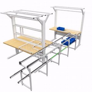 Work bench interlinking? What’s the point? 🤔 This work bench scenario is an example of how workstations can be interlinked using an integrated material picking rack. Production parts move rapidly along roller conveyors between work benches to be precisely where they are needed. Guide rails on the benches ensure accurate and efficient handling. And absolutely everything can be customised down to the tiniest detail. The table design can easily be created in our item Workbench Configurator – ergon