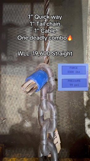 We forced a 1” tail chain quick way combo on a 1” 6x36 IWRC cable to take 71,000lbs before giving. the chain barely scratched, bell held firm, but the cable mangled from side loading stress. Straight WLL 19,600lbs at 5:1, this setup proves the combo’s power… until side pressure exposes the cable’s vulnerability’s. What’s your go-to for your winch tractor? #DestructionTesting #Rigging #TailChain #Safety #WireRope | Diversified Chain And Rigging