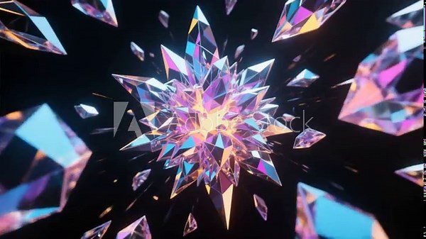 Exploding 3D crystal burst in vibrant color shards forms a mesmerizing animation suitable for intros, futuristic motion graphics, or sci-fi inspired visual effects.