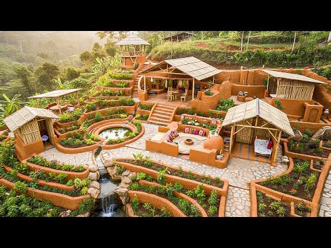 Building a Luxury Mud-Brick Cliff City with Central Swimming Pool Using Primitive Tools