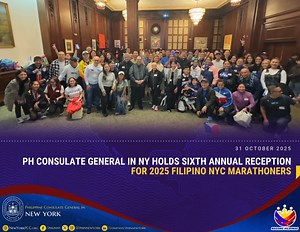 The Philippine Consulate General in New York hosted a Carbo-Loading Reception at Kalayaan Hall on 31 October 2025, bringing together Filipino runners, coaches, and supporters participating in the 2025 New York City Marathon. The event, organized in partnership with Pinoy Runners USA, Pinoy Runners Chicago, Pinoy Runners Global, Fil-Am Tri-State Runners, JCI Philippine-NY Chapter, Knights of Rizal NY Chapter, RGI Alakdan NY, Triskelion Synergy Inc., and Chibops Bakery, welcomed over 150 participa