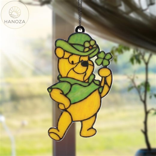 St Patrick's Day Pooh Bear Suncatcher, Lucky Shamrock Winnie the Pooh Ornament, Faux Stained Glass Acrylic, Leprechaun Pooh Window Hanging - Etsy