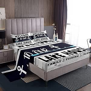Rustic Lake House Full Size Bed Sheets, Nautical Anchor Sheet Set For Kids Boys Girls Teens, Rustic Farmhouse Camping Sheets Retro Wooden Planks Flat Fitted Sheet With 2 Pillow Cases, Dark Blue Gray