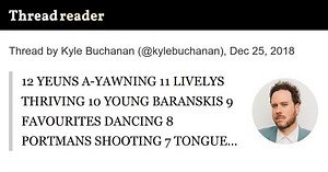 Thread by @kylebuchanan: "12 YEUNS A-YAWNING 11 LIVELYS THRIVING 10 YOUNG BARANSKIS 9 FAVOURITES DANCING 8 PORTMANS SHOOTING 7 TONGUES A-CLICKING 6 TYREE HENRYS 5 JAC […]"