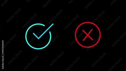 Animated pop-up green check mark and red cross X symbol on a transparent background. A checkmark in and out motion graphics animation.