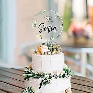 Birthday Cake Topper Green Flowers with Custom Name and Age Personalized Floral Cake Decorations in Frosted Acrylic