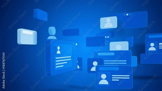 Floating identity cards and user profiles in a digital blue environment from a 3D viewpoint showcase technology