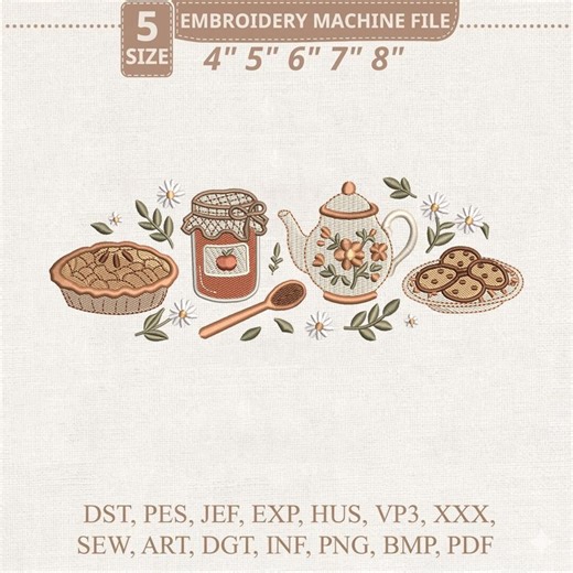 Vintage Kitchen Embroidery Design Set, Teapot Cookie Pie Jam Embroidery File, Baking Embroidery, Floral Kitchen Decor PES DST Download - Etsy