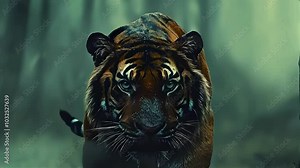 Majestic tiger prowling through a misty forest with a fierce gaze.