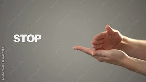 Hand signing stop in asl, text on background communication for deaf, tutorial