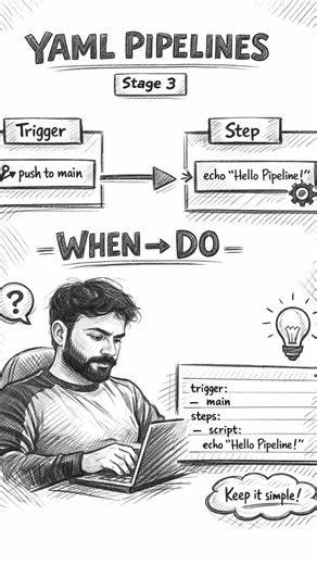 Aman Singh Rana on Instagram: "Stage 3: Start with a TINY YAML Pipeline Most people mess up YAML pipelines because they try to build everything at once. Don’t. Start tiny 👇 Just 2 things: 1️⃣ One trigger 2️⃣ One step That’s it. So first, teach your brain this flow 👇 trigger: - main steps: - script: echo “Hello Pipeline” • trigger → When I push code to main • step → Run this one command No stages. No jobs. No complexity. Why start this small? ✔ You know the pipeline actually works ✔ You underst