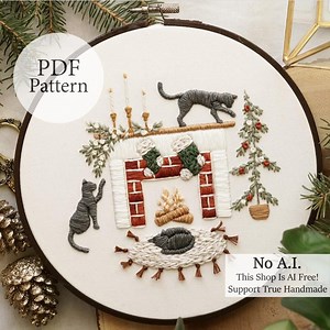 PDF Pattern - 8" Cat Christmas Fireplace - Step by Step Beginner Embroidery Pattern With Youtube Tutorials - Etsy