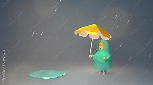Cartoon little boy holding an umbrella standing in the rain animation.