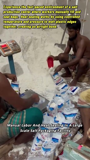 Manual Labor And Heat Sealing In A Large Scale Salt Packaging Facility