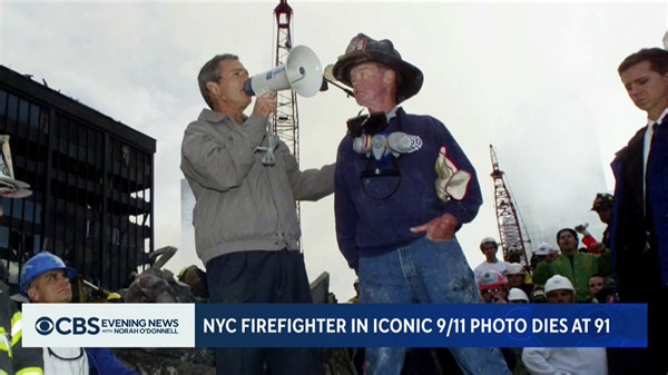 Bob Beckwith, the retired FDNY firefighter who appeared in an iconic photo with then-President George W. Bush in the aftermath of the 9/11 attacks, has died. He was 91. https://cbsn.ws/3uqoFWP | CBS Evening News