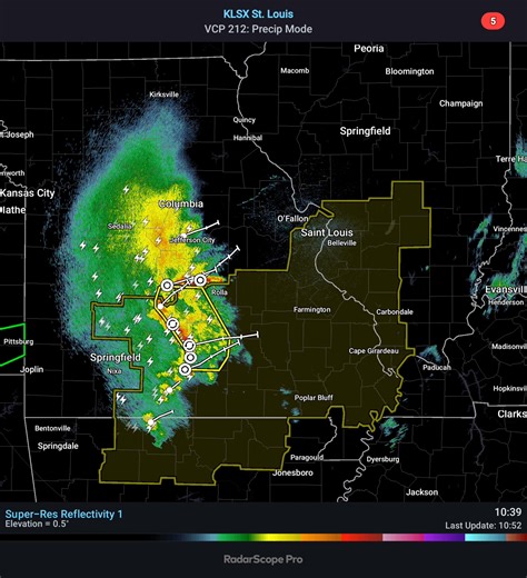 Current RADAR. These storms have a history of causing damage this morning on the Springfield MO area. Severe Thunderstorm Watch Number 187 NWS Storm Prediction Center Norman OK 855 AM CDT Tue Apr 29 2025 The NWS Storm Prediction Center has issued a * Severe Thunderstorm Watch for portions of Northern Arkansas Southwest llinois Southern Missouri * Effective this Tuesday morning and afternoon from 855 AM until 300 PM CDT. * Primary threats includ e... Scattered damaging winds likely with isolated 