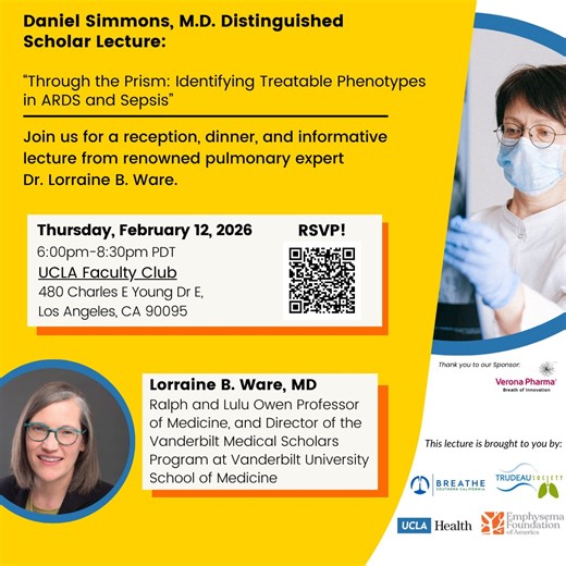Breathe Southern California on Instagram: "Save the Date! Join us for the Daniel Simmons M.D. Distinguished Scholar Lecture featuring Lorraine Ware, M.D., Ralph and Lulu Owen Professor of Medicine and Pathology, Microbiology, and Immunology in the Division of Allergy, Pulmonary, and Critical Care Medicine at Vanderbilt University School of Medicine. Dr. Ware is an expert in the area of the diagnosis and treatment of the acute respiratory disease syndrome (ARDS) 🗓️ Thursday, February 12, 2026 Ad