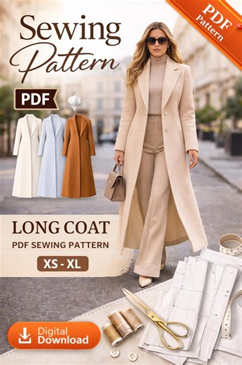 Long Wool Coat Sewing Pattern PDF for Women, Winter Trench Overcoat, Tailored Jacket DIY, Beginner Friendly, A0 A4 Letter | Instant Download - Etsy