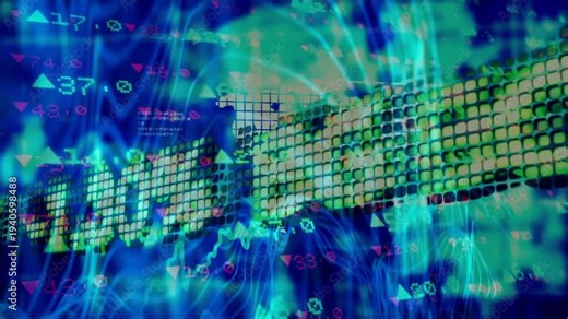 Pixel ticker receiving ticks, scrolling across finance UI with ribbons, visualizing market shifts