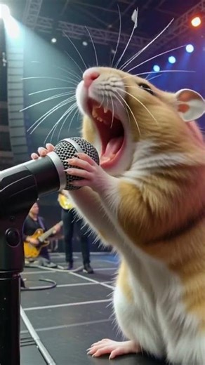 A dramatic hamster screaming into a microphone at a rock concert