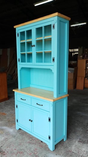Turquoise Farmhouse Hutch Cabinet – Solid Wood Kitchen Buffet With Glass Doors, Coastal Storage Cupboard, Rustic Dining Room Display Cabinet - Etsy