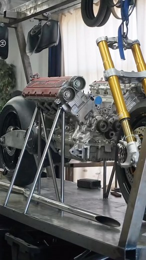 Jonny Rides on Instagram: "Ferrari F355 engine- @maxwellhazan next project Engine and trans weighed in at 279lbs together, aiming to keep the bike under 500 total with 400hp . . . . . . #haza #sweetmachine #hf355 #sportbike #stayriding #pirellimoto #custombike #marchesini #ferrari #f355"