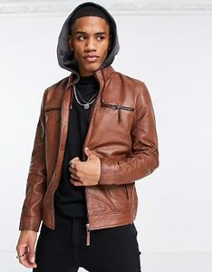 Barney's Originals leather jacket with jersey hood in cognac | ASOS