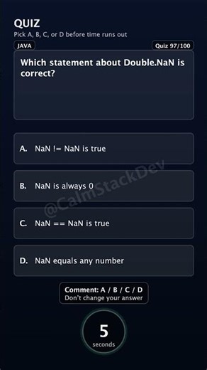 Quiz - 097 | Which statement about Double.NaN is correct? | #shorts #java #quiz