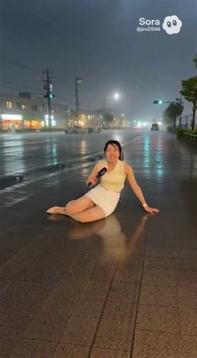 Female announcer gets hit in the face by a bucket during a live broadcast from a typhoon 5 S2