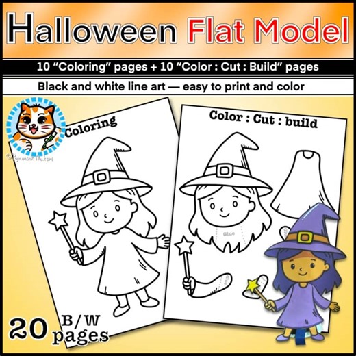 Halloween Flat Paper Model Craft – 10 Models | Coloring, Cut & Build Activity