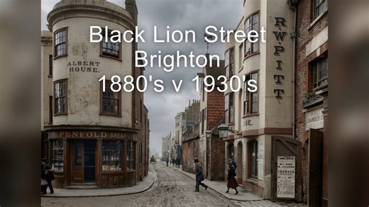 Black Lion Street, Brighton. 1880s-1930s The Widescreen version! The current Cricketers pub (formerly Hotel) and the old Black Lion Brewery in Black Lion Street in the Lanes. The brewery was wrecked by fire in the 1960's and partly rebuilt to be the current Black Lion Pub next door to the Cricketers, known as the oldest pub in Brighton Views from the late Victorian era and 1930s, to be used in an upcoming exciting collaboration. Original Photographs: Royal Pavilion & Museums, Brighton & Hove. (I